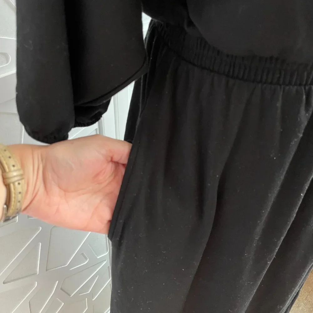 Garnet Hill Batwing Faux Wrap Knit Midi Dress Black Sz M Medium - Picture 4 of 12
